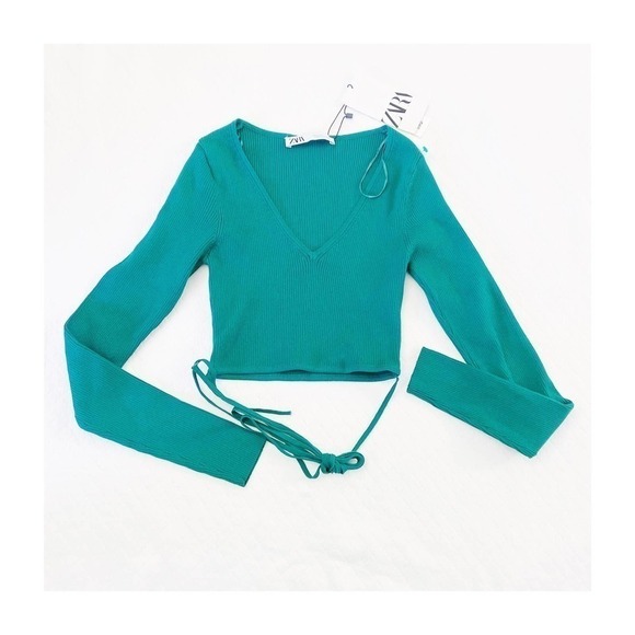 Zara Green Long Sleeve V-Neck Crop Top Crossbody Straps SZ S NWT - Picture 1 of 8
